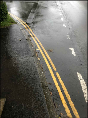 A close-up photograph of a wet asphalt road surface featuring double yellow lines along the curb and white dashed lane markings.