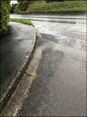 A low-angle photograph showing a wet asphalt road surface with a concrete curb and a hedge on the left side, likely depicting the site access or surrounding road.