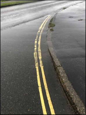 A close-up photograph of a wet asphalt road surface featuring double yellow lines curving along a concrete curb.