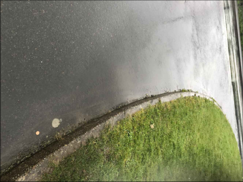 A photograph showing a wet asphalt road surface curving along a grassy verge and curb.