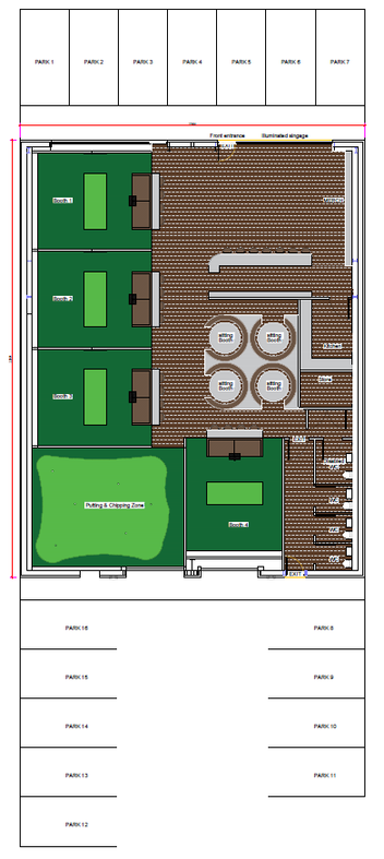 This image displays a detailed architectural floor plan for an indoor golf simulator facility, showing driving bays, a putting zone, and parking areas.