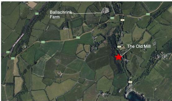 Aerial satellite map showing a rural site location marked with a red star near 'The Old Mill' and 'Ballachrink Farm'.