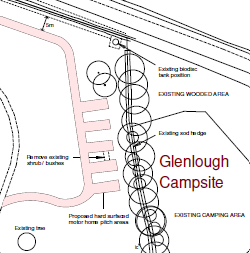 A site plan illustrating the proposed layout for Glenlough Campsite, highlighting new motorhome hardstanding and access tracks alongside existing wooded areas.