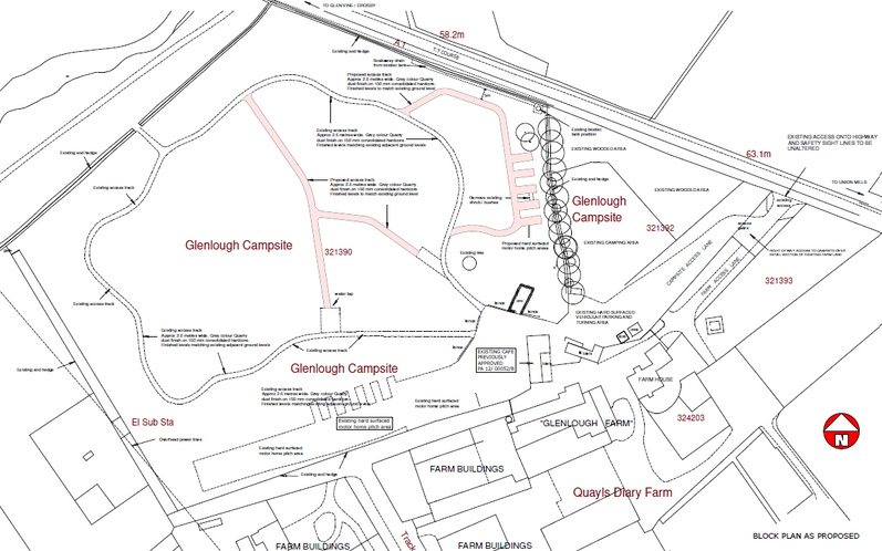 A black and white block plan for Glenlough Campsite showing proposed access tracks, hardstanding areas, and existing motorhome pitches.