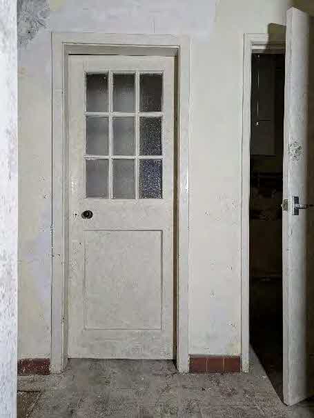 An interior photograph showing a white timber door with nine glass panes and distressed walls, likely documenting existing conditions.