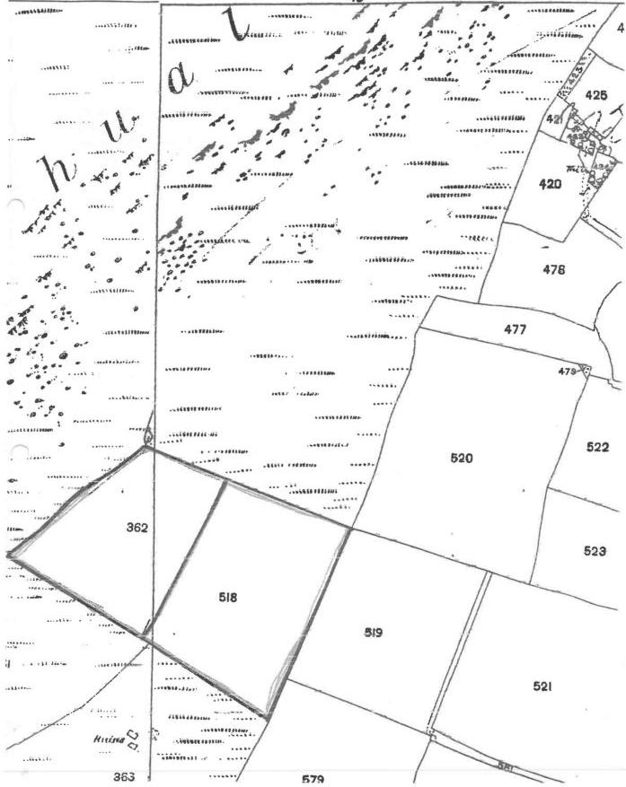 A black and white map displaying numbered land parcels, boundary lines, and vegetation hatching typical of an OS map.